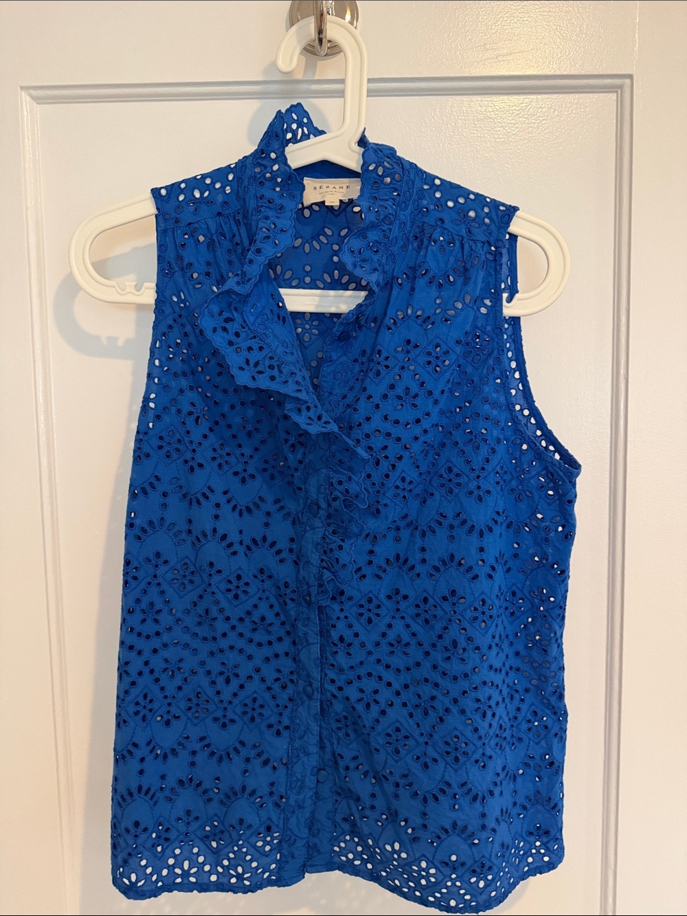Sezane Eyelet Ruffle Neck Sleeveless Top - Cobalt Blue